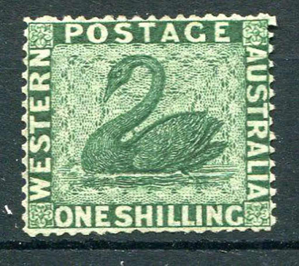 1/- deep green plate proof on ungummed, swan wmkd ... Image 1++