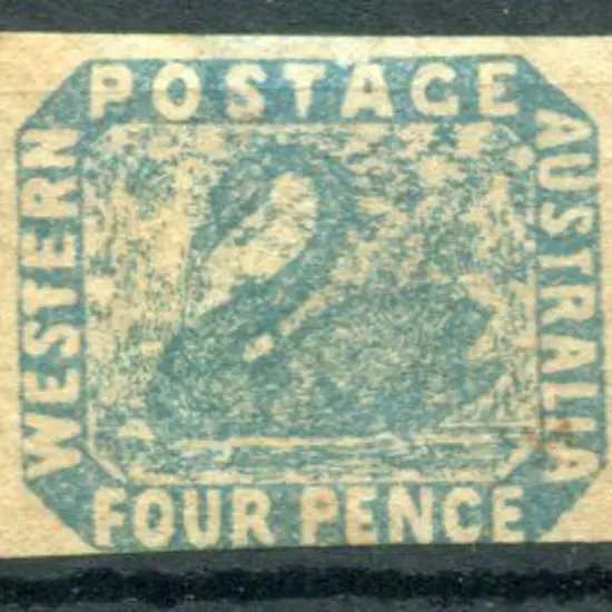 1854 4d blue swan with the "T" of "Postage" shaved ...