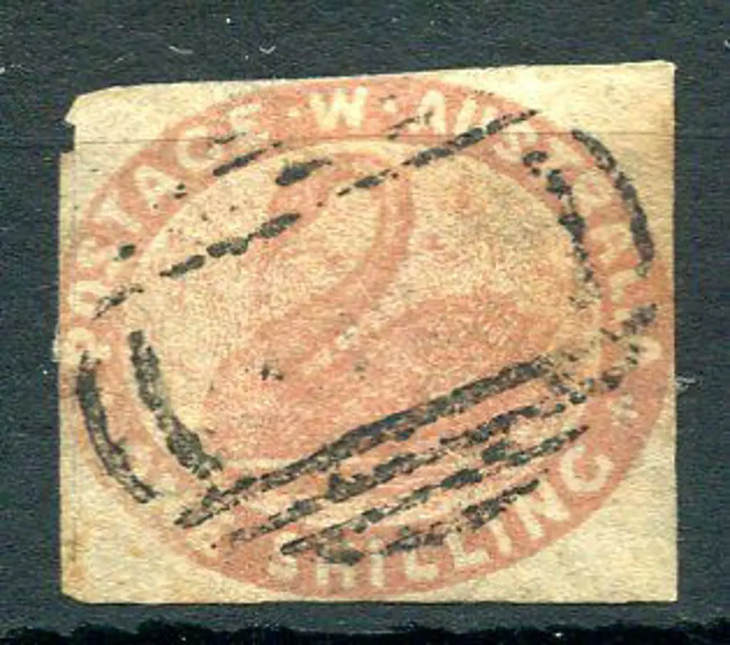 1854 1/- salmon swan with 3 margins touching while ... Image 1++