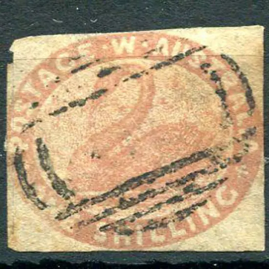 1854 1/- salmon swan with 3 margins touching while ...