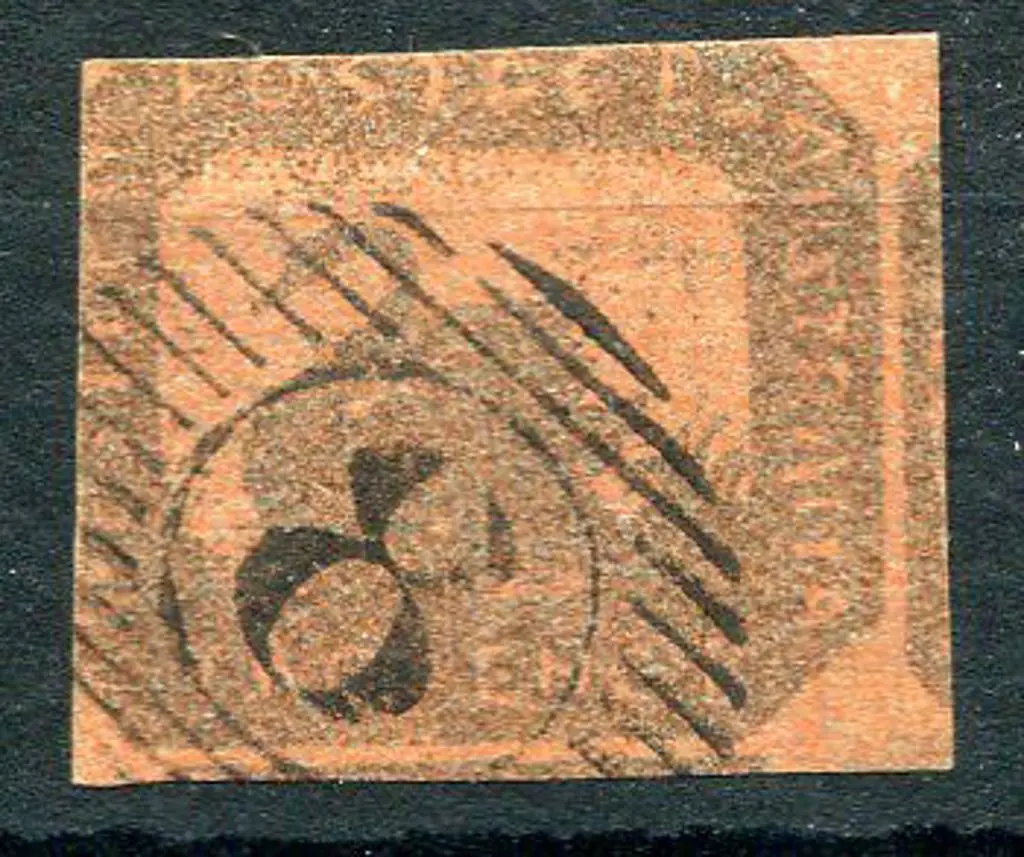 1858 2d brown-black/red, cut into at left & top ... Image 1++