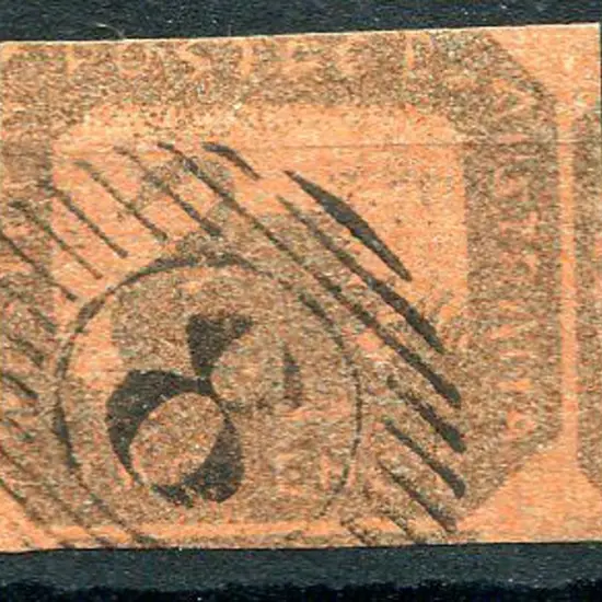 1858 2d brown-black/red, cut into at left & top ...