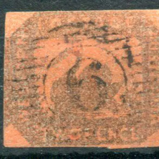 1858 2d brown-black/Indian. F/U by neat BN "6". ...