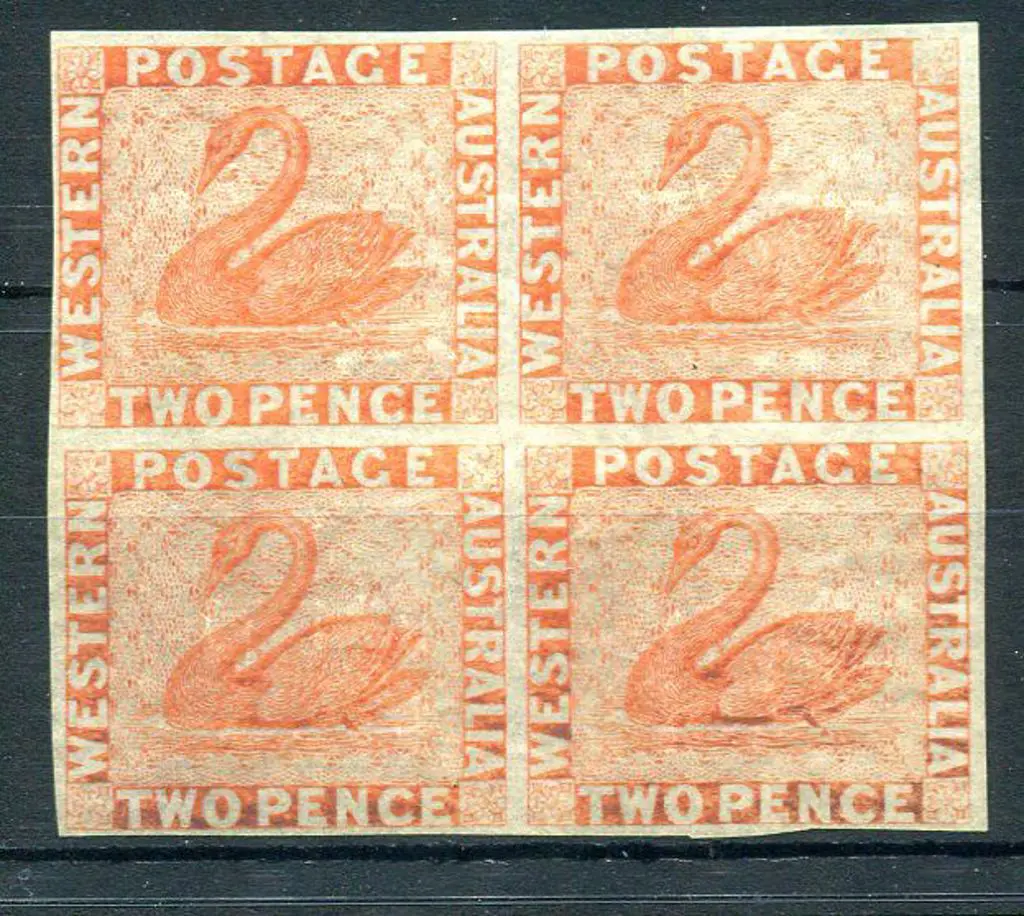 1860 2d orange-vermilion block of 4 with clear ... Image 1++