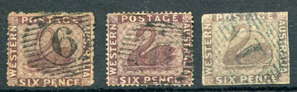 1861 6d purple-brown x 3 with intermediate perf. ... Image 1++