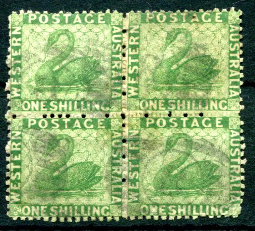 1865 1/- bright green used block of 4. SG 61, Cat. ... Image 1++