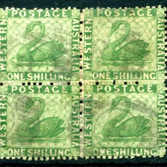 1865 1/- bright green used block of 4. SG 61, Cat. ...