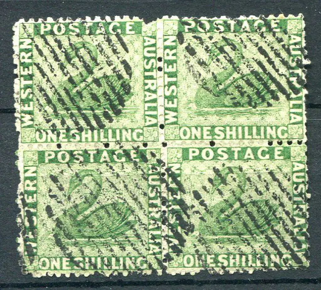 1865 1/- bright green block of 4 fine used by 13 ... Image 1++