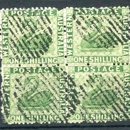 1865 1/- bright green block of 4 fine used by 13 ...