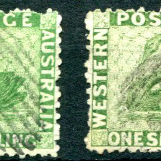 1864/79 1/- bright green & 1/- sage-green shades. ...