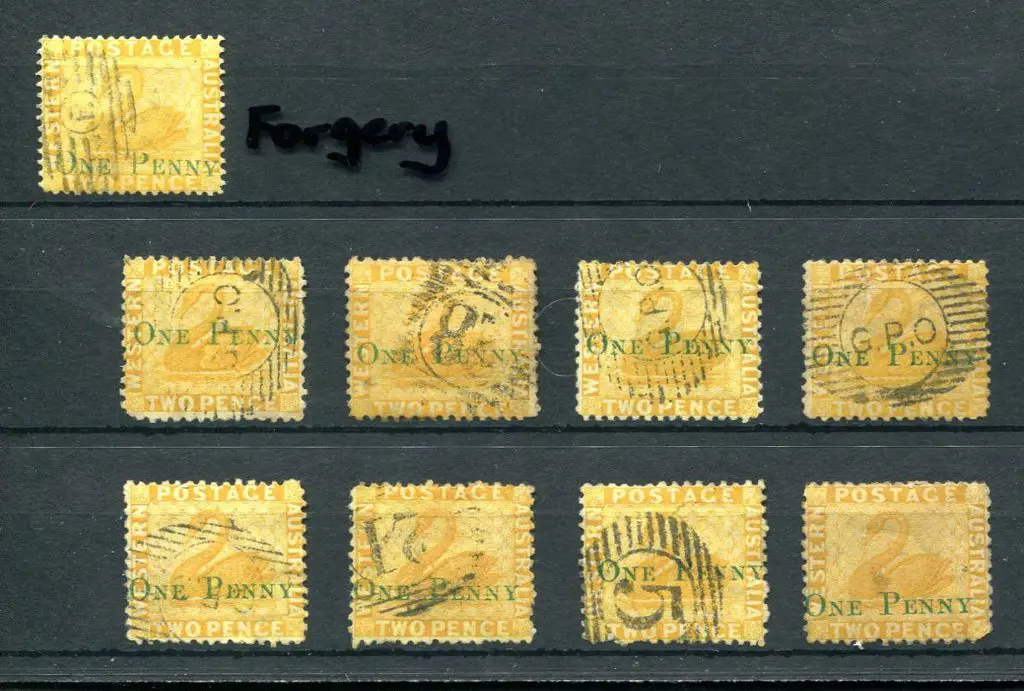 1874 "ONE PENNY" surcharges on 2d yellows x 8. All ... Image 1++