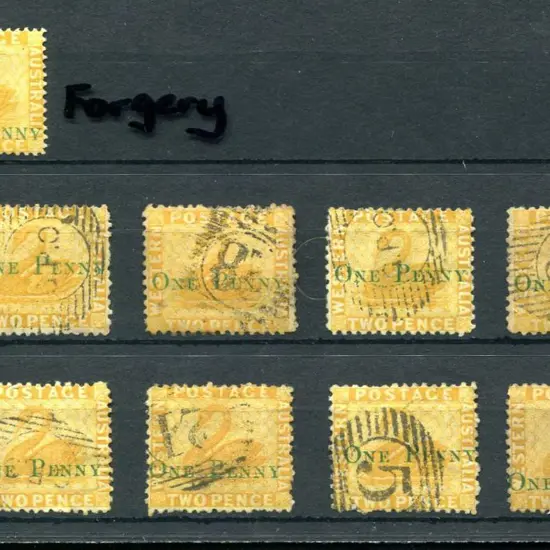 1874 "ONE PENNY" surcharges on 2d yellows x 8. All ...