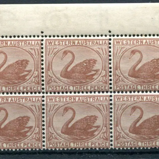 1895 3d red-brown in top selvedge block of 6. ...