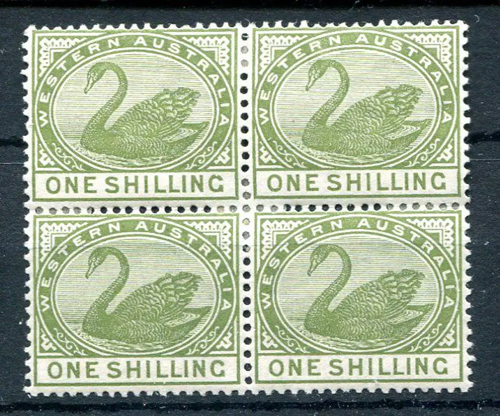 1885 1/- olive-green block of 4 with each stamp ... Image 1++