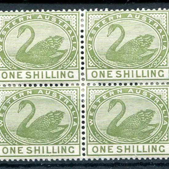 1885 1/- olive-green block of 4 with each stamp ...