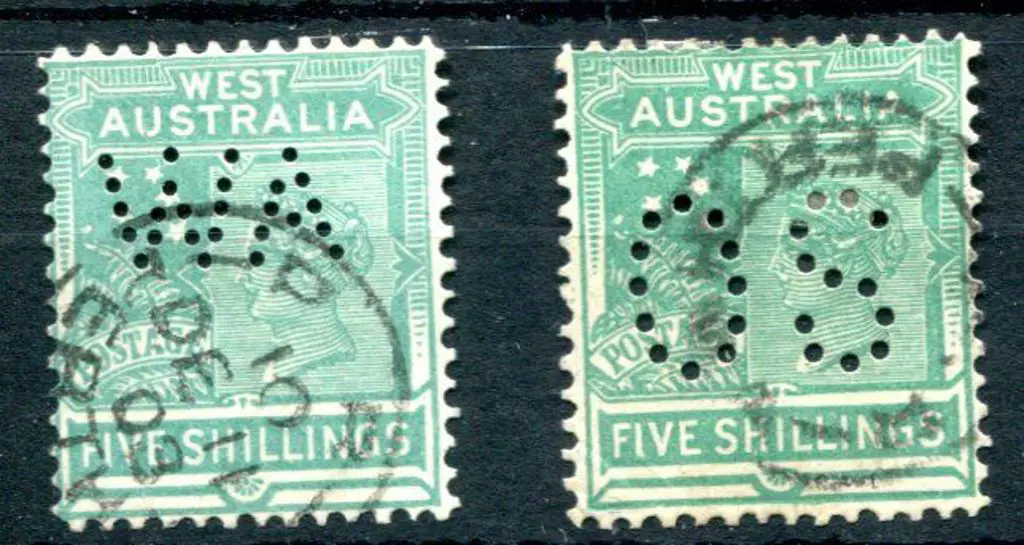 1902/11 5/- emerald-green perfins for "WA" & "OS", ... Image 1++