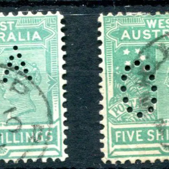 1902/11 5/- emerald-green perfins for "WA" & "OS", ...