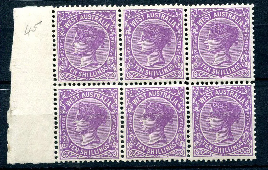 1902 10/- deep mauve in side selvedge block of 6 ... Image 1++