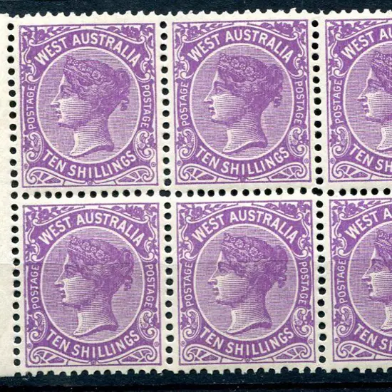1902 10/- deep mauve in side selvedge block of 6 ...