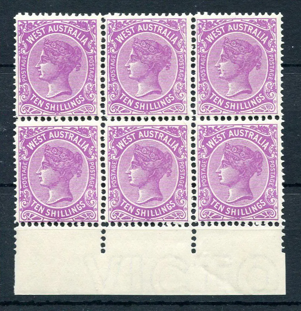 1910 10/- bright purple in bottom selvedge block ... Image 1++