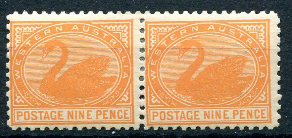 1902 9d yellow-orange. Horiz MLH reinforced pair, ... Image 1++