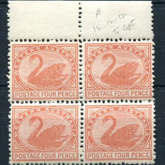 1905/12 4d bright red-brown block of 4 with top ...