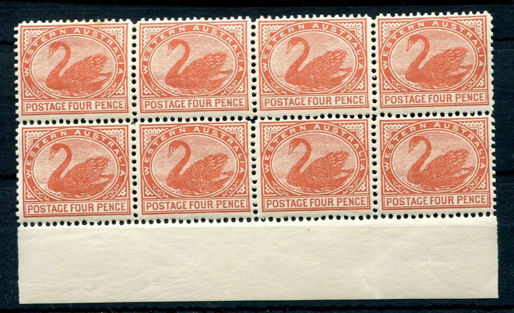 1910 4d bright brown-red in lower selvedge block ... Image 1++