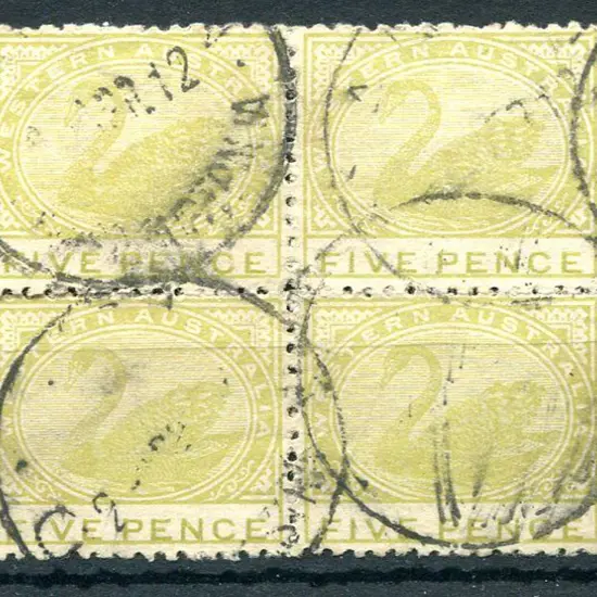 1912 5d pale greenish yellow. Used block of 4 with ...