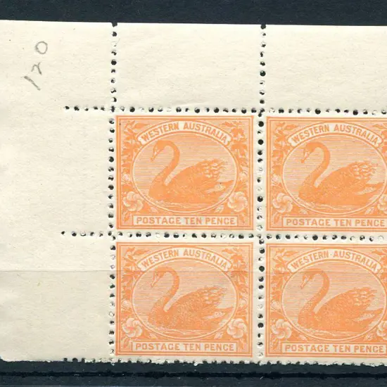 1910 10d rose-orange. Top left selvedge corner ...