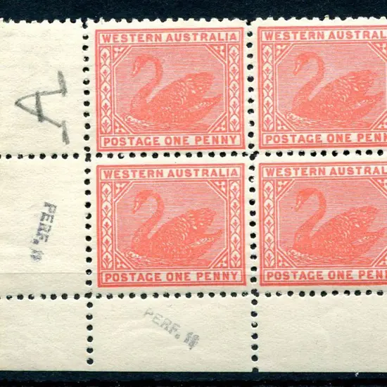 1908 1d rose-pink in lower left corner block of 4. ...