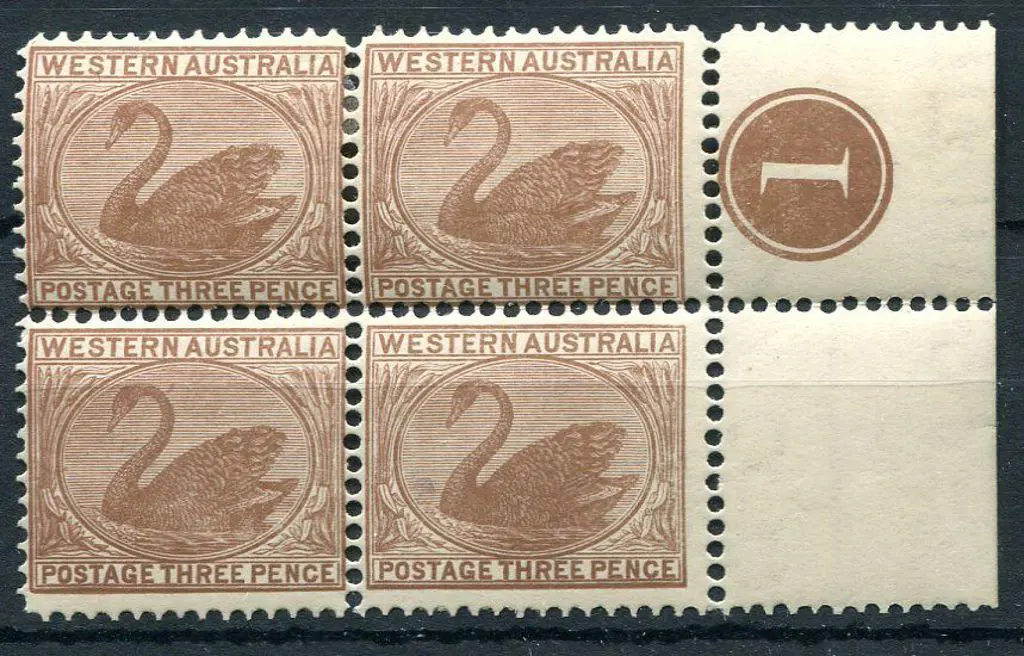 1906 3d brown in plate 1 block of 4 with selvedge ... Image 1++