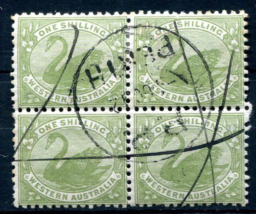 1912 1/- sage-green block of 4. Used with PP Perth ... Image 1++