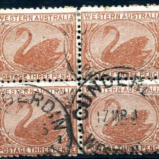 1912 3d brown, perf 12½. Block of 4 on thin ready ...