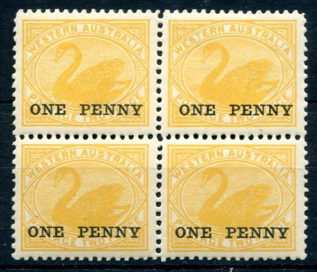 1912 2d yellow ovptd "ONE PENNY" block of 4, ... Image 1++