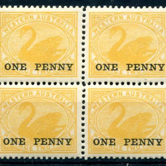 1912 2d yellow ovptd "ONE PENNY" block of 4, ...