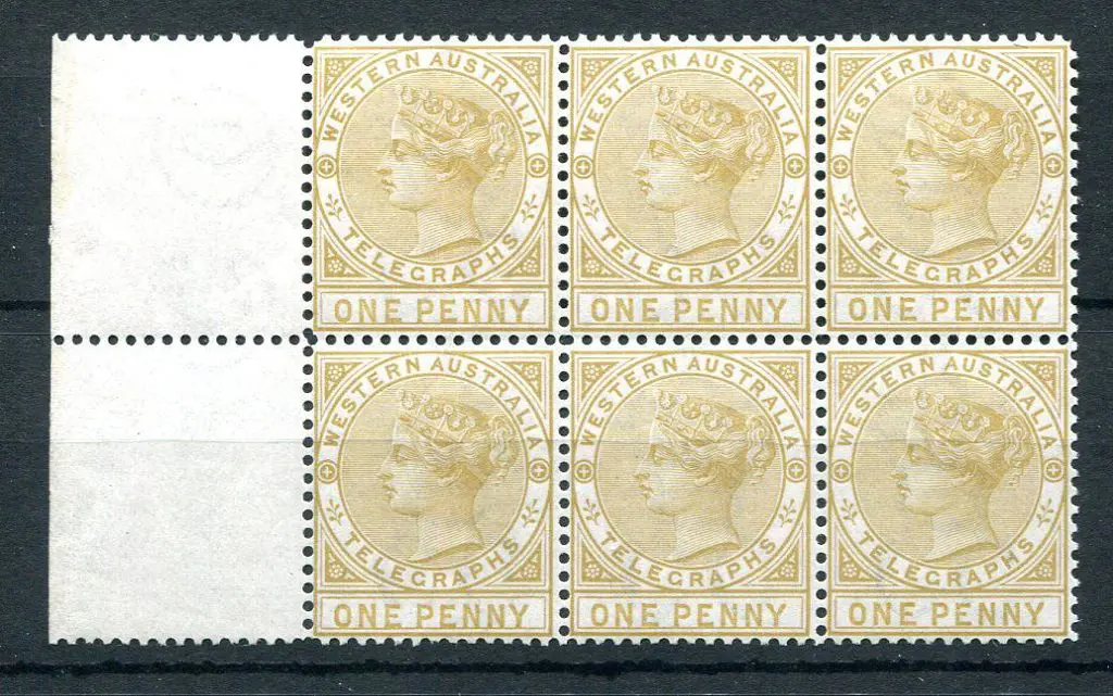 1879 1d bistre, perf. 14 left selvedge block of 6. ... Image 1++