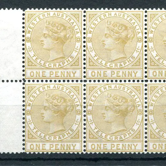 1879 1d bistre, perf. 14 left selvedge block of 6. ...