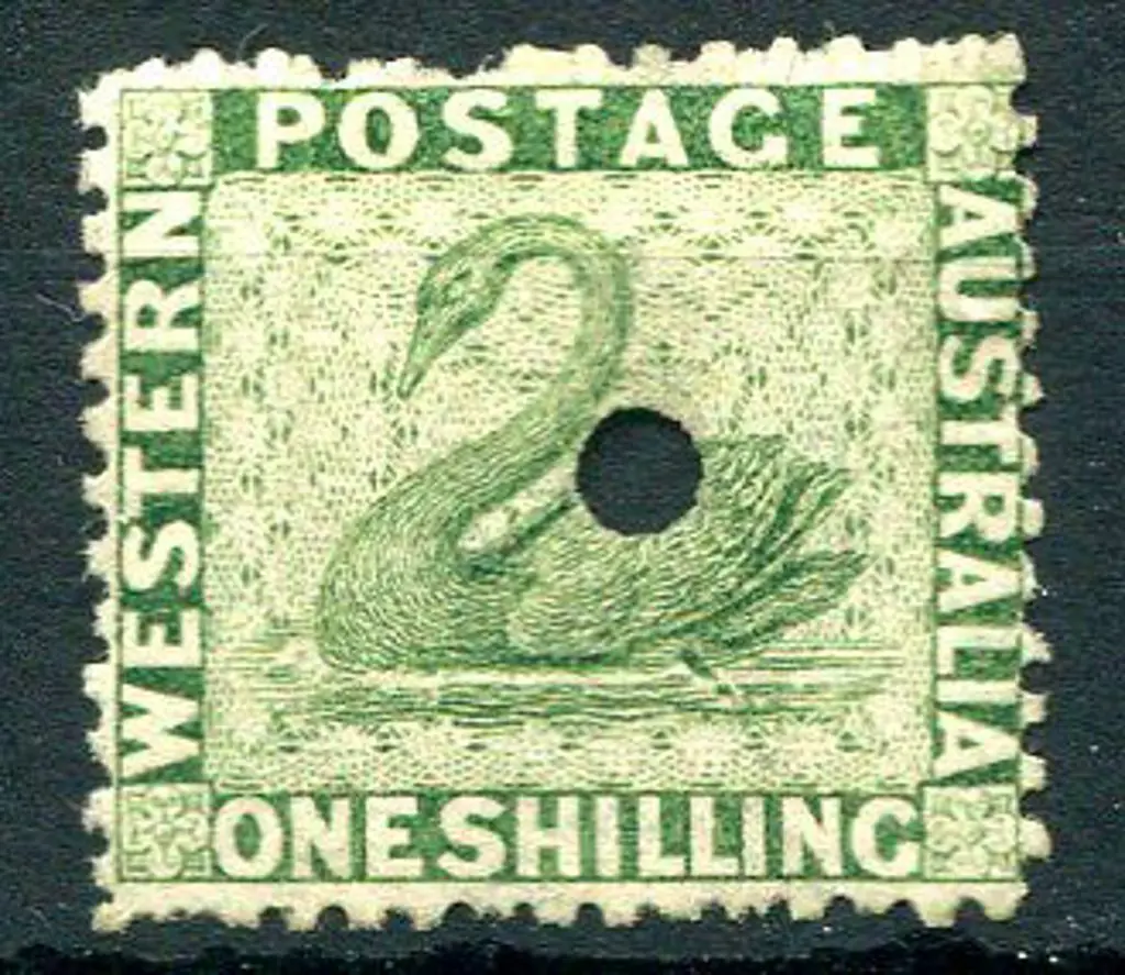 1865 1/- sage-green with 3mm puncture. Fine MLH ... Image 1++