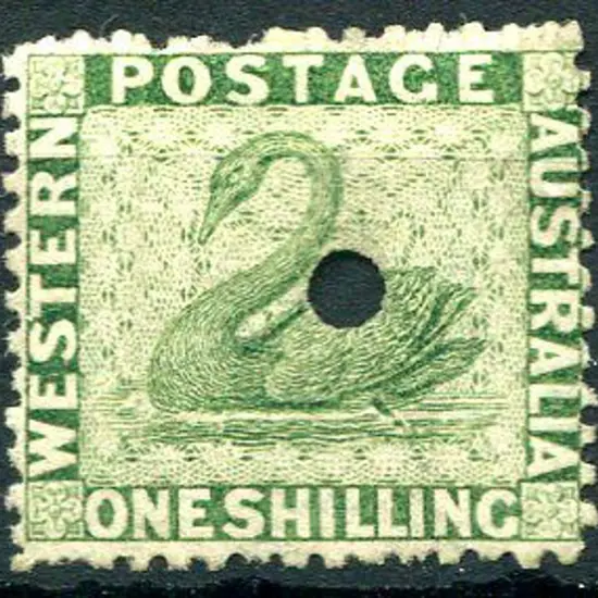 1865 1/- sage-green with 3mm puncture. Fine MLH ...