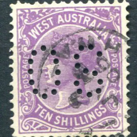1902 10/- deep mauve perfined "OS". F/U. SG 127