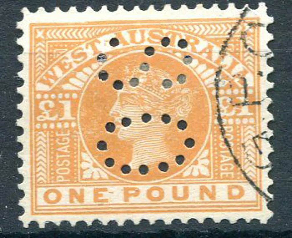 1909 £1 orange perfined "OS". Neat corner GPO cds. ... Image 1++