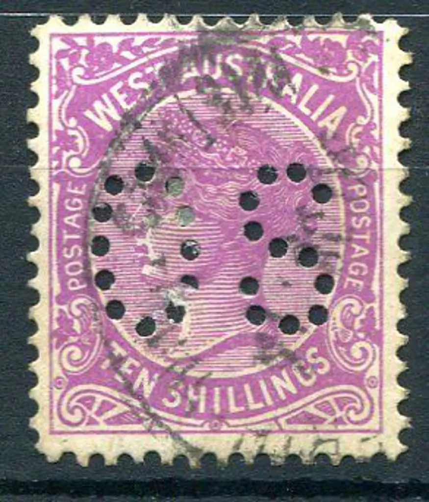 1910 10/- bright purple perfined "OS". Fine ... Image 1++