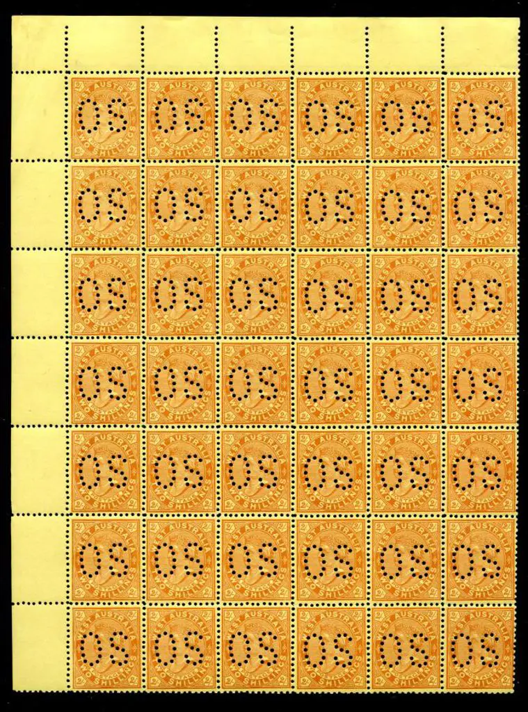1906 2/- orange-brown/yellow perfined "OS" top ... Image 1++