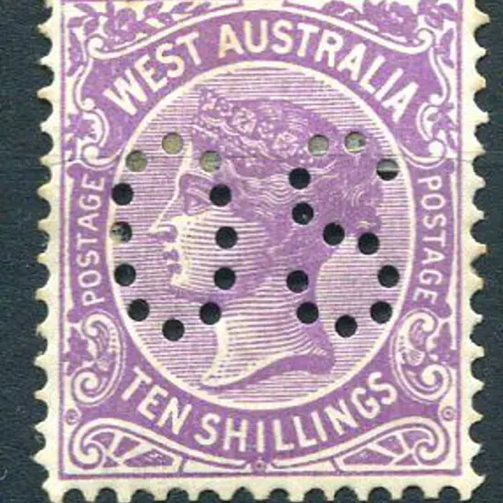 1902 10/- deep mauve perfined "OS". MH toned along ...