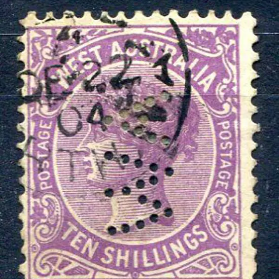 1902 10/- mauve perfined "WA" vertically reading ...