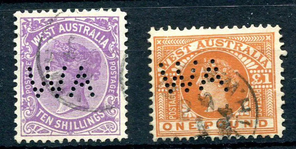 1902 10/- mauve & £1 orange-brown both perfined ... Image 1++