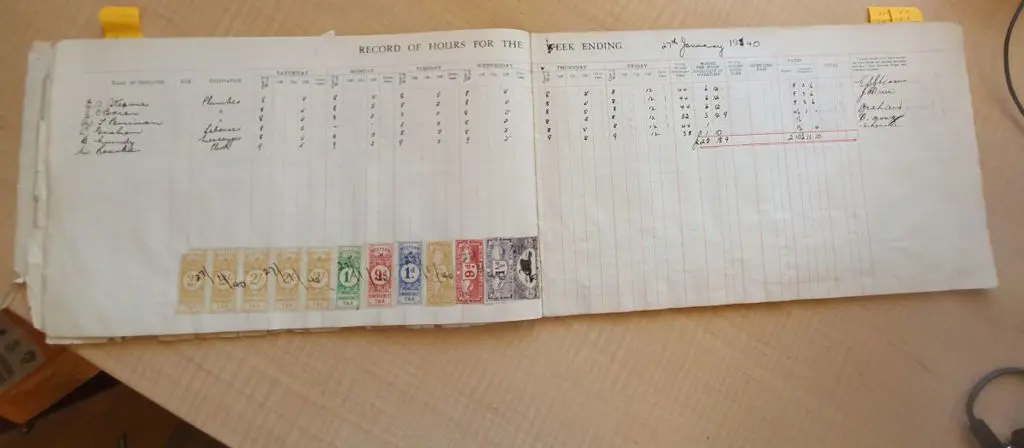 1939 (Nov) - 1940 (June) Wages Book with entries ... Image 1++