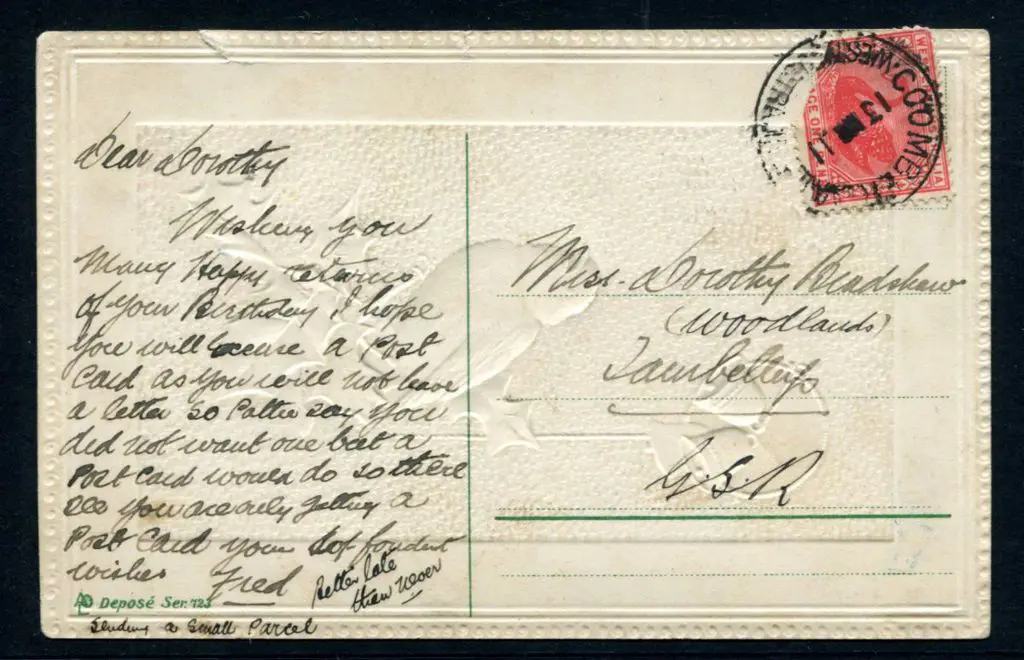 1911 (13th Mar) Colour Greeting postcard from ... Image 1++