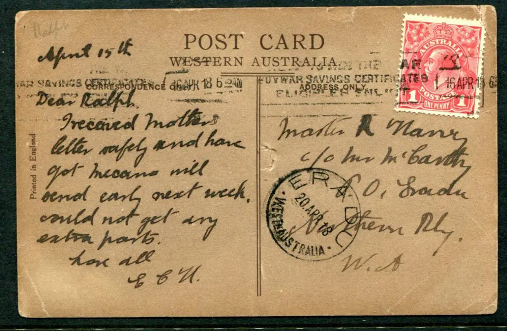 1918 (16th Apr) "King's Park, Perth, WA to Eradu, ... Image 1++