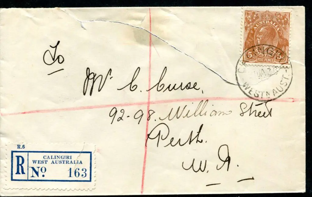 1936 (21st Jan) Registered cover from Calingiri to ... Image 1++